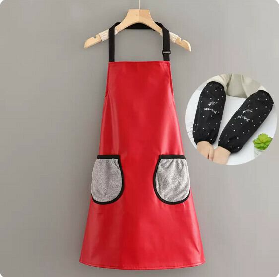 Hotly recommended waterproof and oil-proof apron [leather halterneck hand pocket red + star black sleeves] [Specification: 67*77CM]