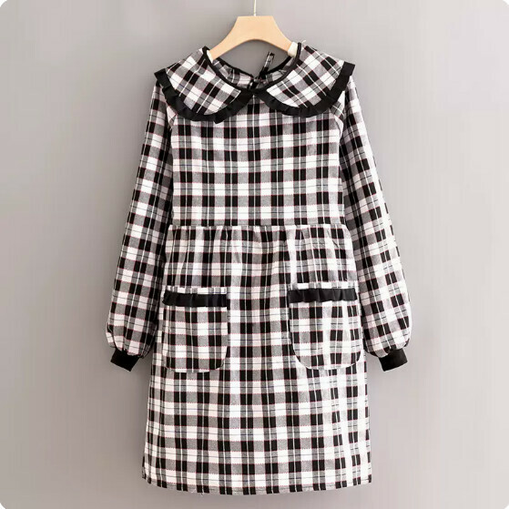Hot recommended long-sleeved apron [AJ2 lace lapel cotton plaid blouse black] [Specification: 105*98CM]