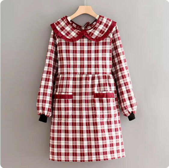 Hot recommended long-sleeved apron [AJ2 lace lapel cotton plaid blouse maroon] [Specification: 105*98CM]