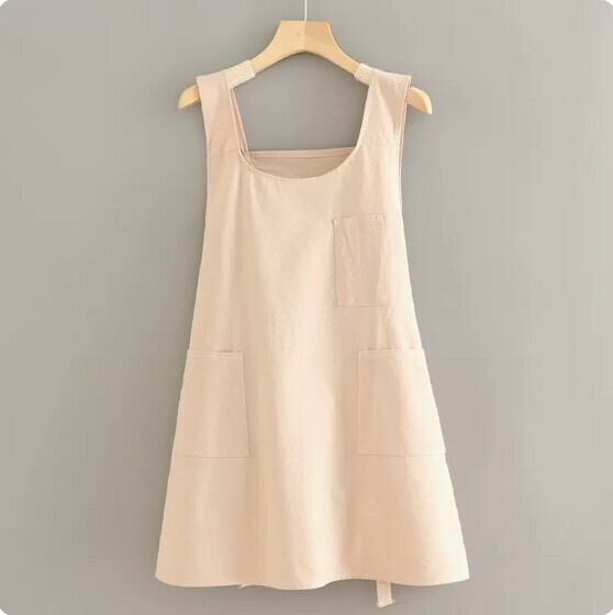 Hot recommended small fresh pure cotton breathable apron [cotton wrinkled fabric strap 1 beige] [Specification: 64*84CM]