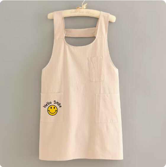 Hot recommended small fresh pure cotton breathable apron [cotton wrinkled cloth strap 1 beige English smile] [Specification: 64*84CM]