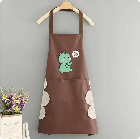 Hot recommended apron [Hand-wipe waterproof halterneck dinosaur heart pure coffee color] [Specification: 69*71CM]