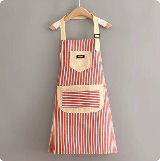 Hot recommendation of cute and breathable apron [SH88 multi-pocket cotton and linen halter neck with red stripes] [Specification: 70*70CM]