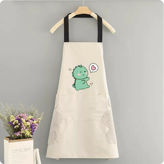 Hotly recommended apron [Hand-wipe waterproof halterneck dinosaur heart pure beige] [Specification: 69*71CM]