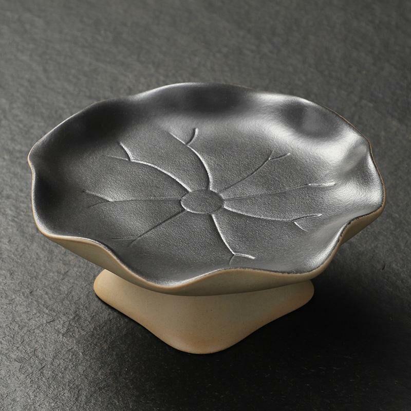 新款中式茶室蓮葉高腳盤 點心盤貢盤(荷葉果盤-黑色-大號)