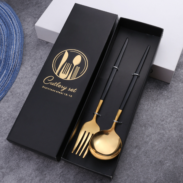 New stainless steel bright mirror spoon tableware set (black gold spoon and fork + black box)
