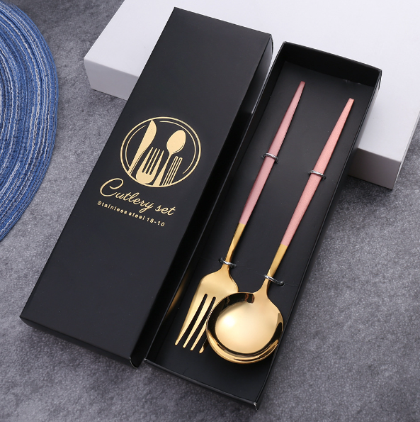 New stainless steel bright mirror spoon tableware set (pink gold spoon and fork + black box)
