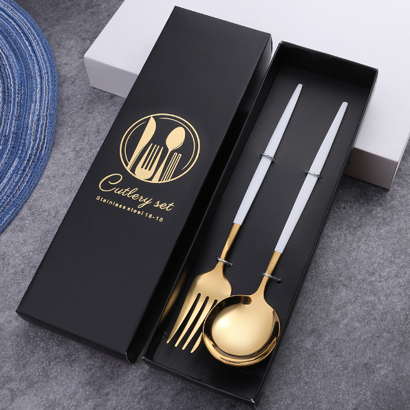 New stainless steel bright mirror spoon tableware set (platinum spoon and fork + black box)