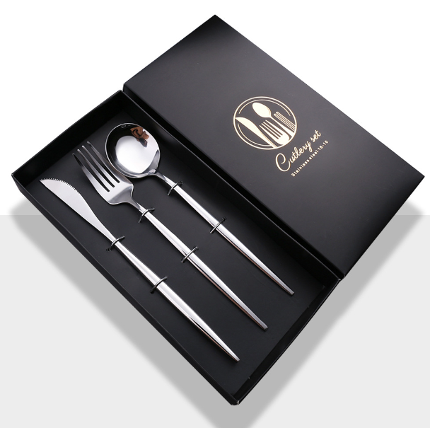 New stainless steel bright mirror spoon tableware set (natural color knife, fork and spoon + black box)