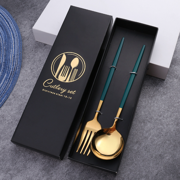 New stainless steel bright mirror spoon tableware set (green gold spoon and fork + black box)