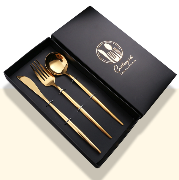 New stainless steel bright mirror spoon tableware set (titanium knife, fork and spoon + black box)