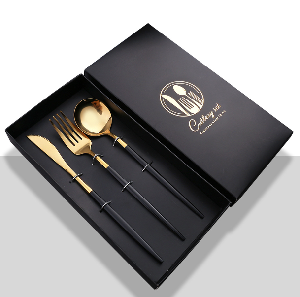 New stainless steel bright mirror spoon tableware set (black gold knife, fork and spoon + black box)
