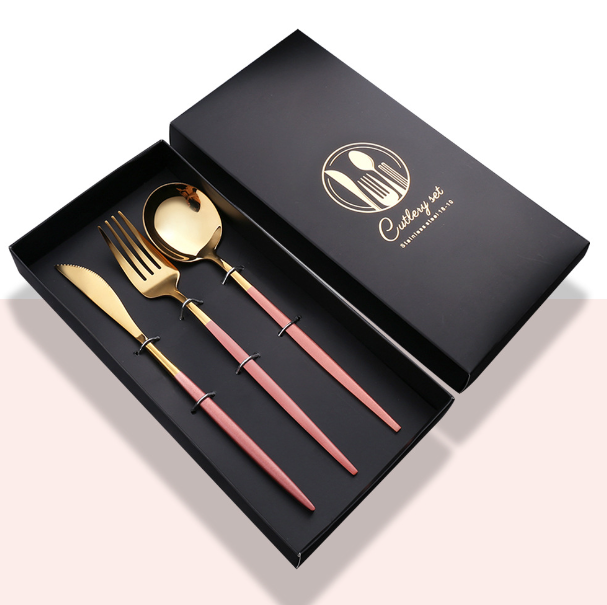 New stainless steel bright mirror spoon tableware set (pink gold knife, fork and spoon + black box)