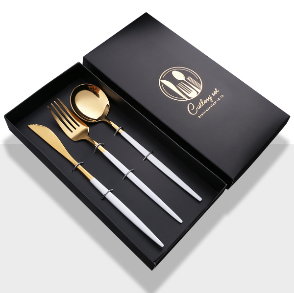 New stainless steel bright mirror spoon tableware set (platinum knife, fork and spoon + black box)