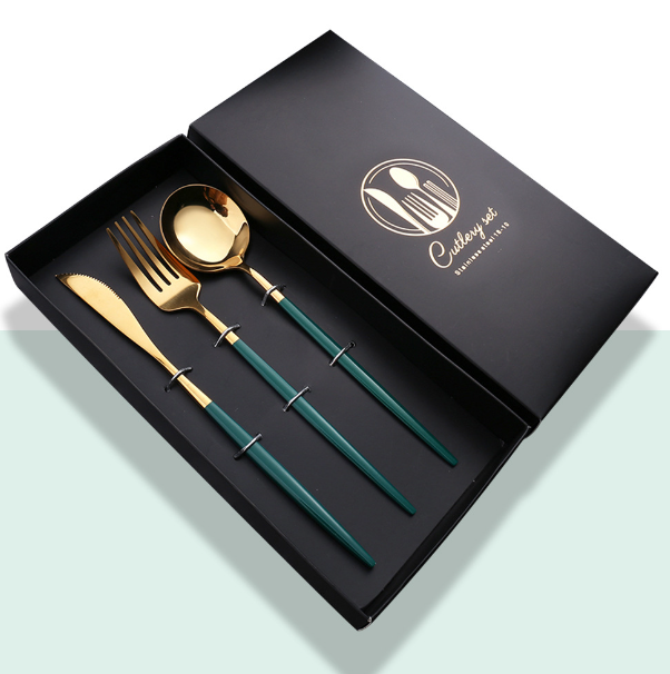New stainless steel bright mirror spoon tableware set (green gold knife, fork and spoon + black box)