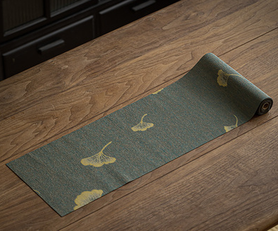 熱賣棉麻防水茶桌墊長條桌布(墨綠銀杏葉)(尺寸:長200CM*寬20CM)