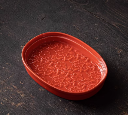 熱賣古風陶瓷橢圓形茶點盤(紅色)(尺寸:長13.7CM*寬9.4CM*高2.2CM)
