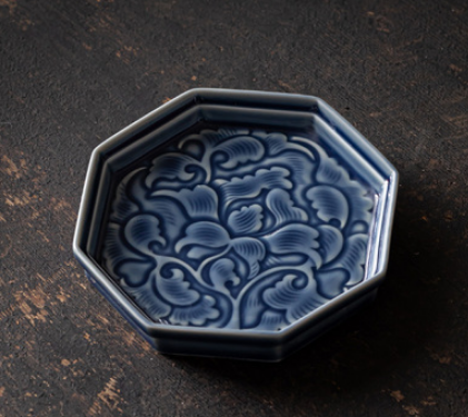熱賣古風陶瓷八方形纏枝茶點盤(霽藍)(尺寸:長11.7CM*高2.2CM)