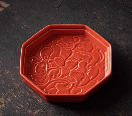 熱賣古風陶瓷八方形纏枝茶點盤(紅色)(尺寸:長11.7CM*高2.2CM)
