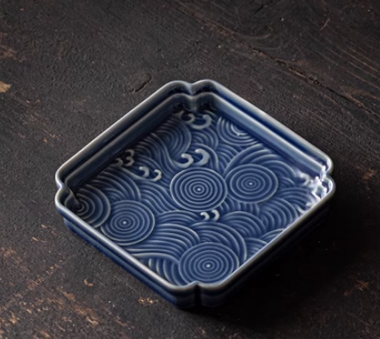 熱賣古風陶瓷四方形海浪茶點盤(霽藍)(尺寸:長11.7CM*高2.2CM)