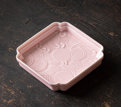 熱賣古風陶瓷四方形海浪茶點盤(胭脂粉)(尺寸:長11.7CM*高2.2CM)
