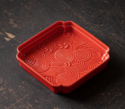 熱賣古風陶瓷四方形海浪茶點盤(紅色)(尺寸:長11.7CM*高2.2CM)