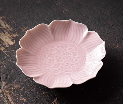 熱賣復古蓮花陶瓷茶點盤(胭脂粉)(尺寸:長12.5CM*高2.4CM)