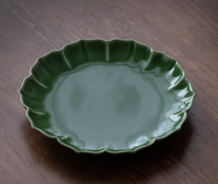 熱賣復古葵口陶瓷茶點盤(綠色)(尺寸:直徑14.7CM*高2CM)