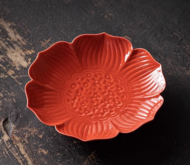熱賣復古蓮花陶瓷茶點盤(紅色)(尺寸:長12.5CM*高2.4CM)