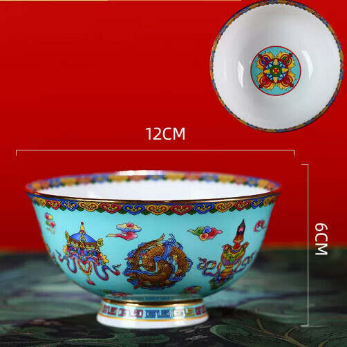 熱賣陶瓷高腳琺瑯彩骨瓷碗（金邊藍八寶4.5英寸飯碗 口徑約12cm）