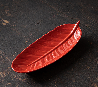 熱賣羽毛陶瓷茶點盤(紅色)(尺寸:長21CM*寬8CM)