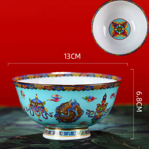 熱賣陶瓷高腳琺瑯彩骨瓷碗（金邊藍八寶5英寸飯碗 口徑約13cm）