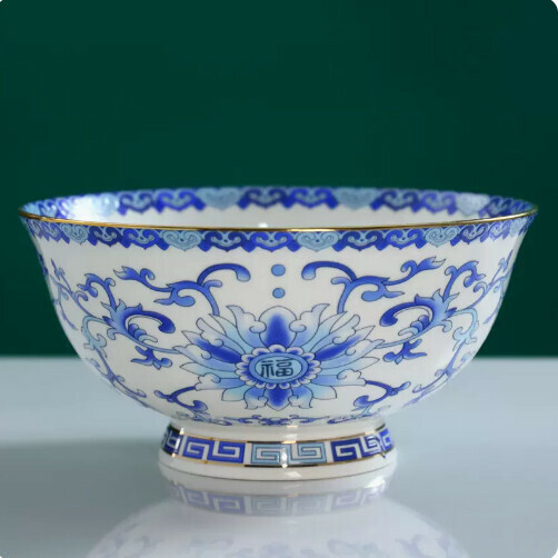 熱賣陶瓷高腳琺瑯彩骨瓷碗（6英寸麵碗（金邊青花白） 口徑約15.5cm）