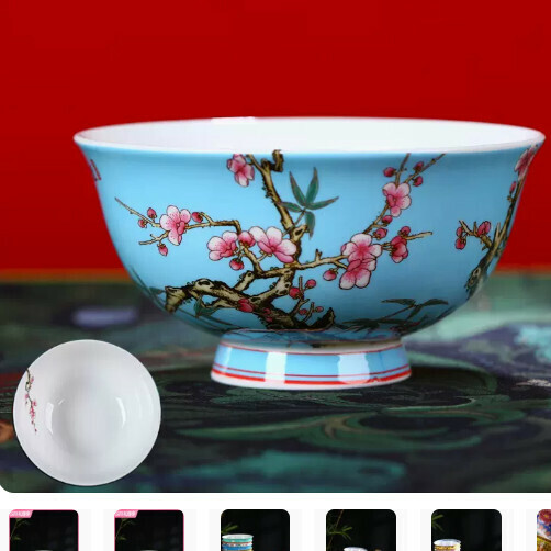 熱賣陶瓷高腳琺琅彩飯碗（藍底喜上眉梢4.5英寸高腳碗 口徑約12釐米）