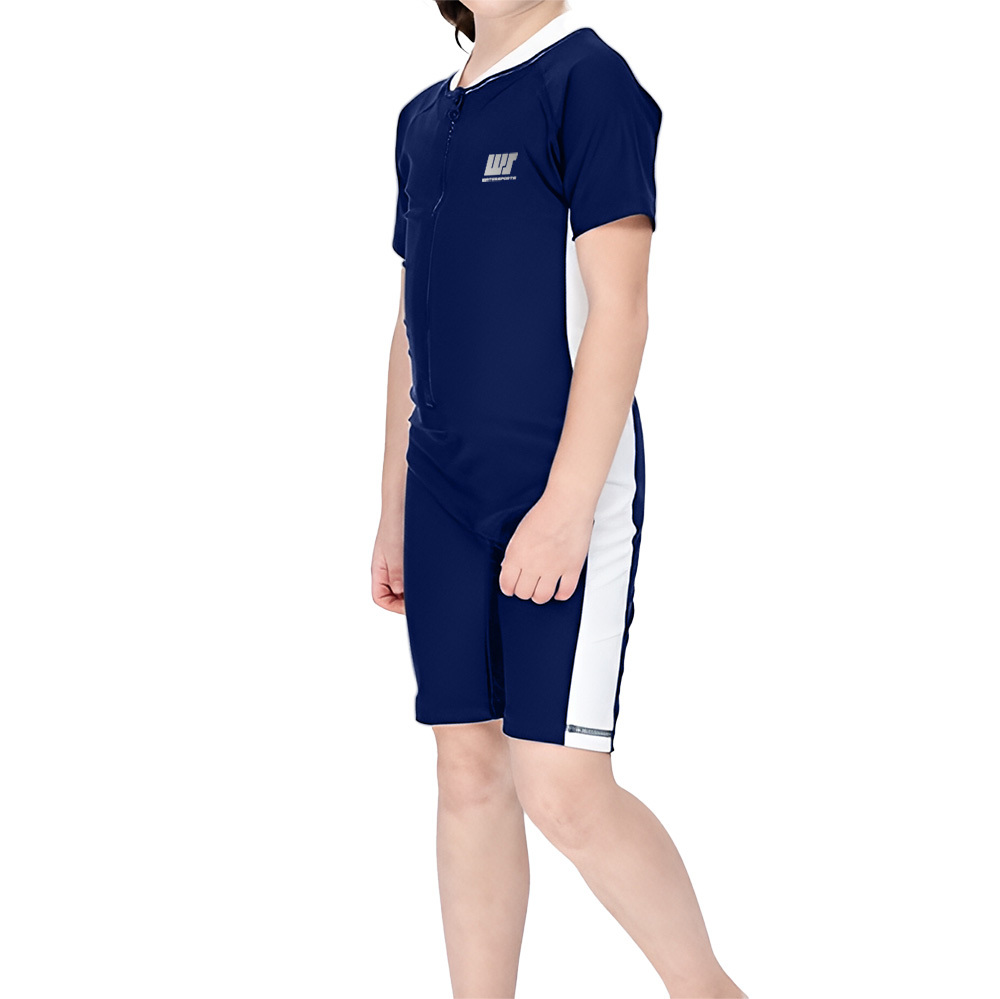 女童經典款短袖連身游泳防曬衣 - 深藍/白