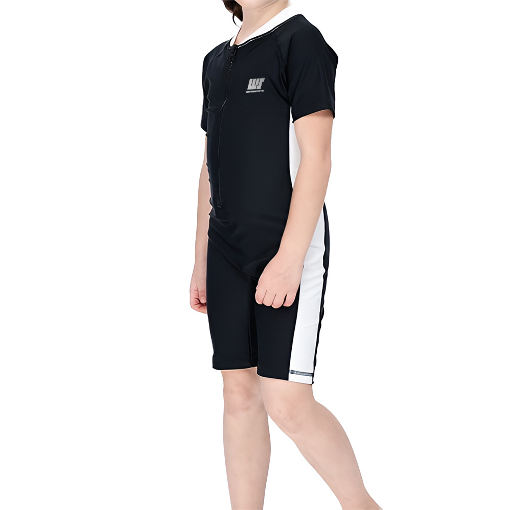 女童經典款短袖連身游泳防曬衣 - 黑/白