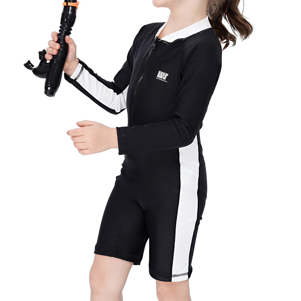 女童經典款長袖連身游泳防曬衣 - 黑/白