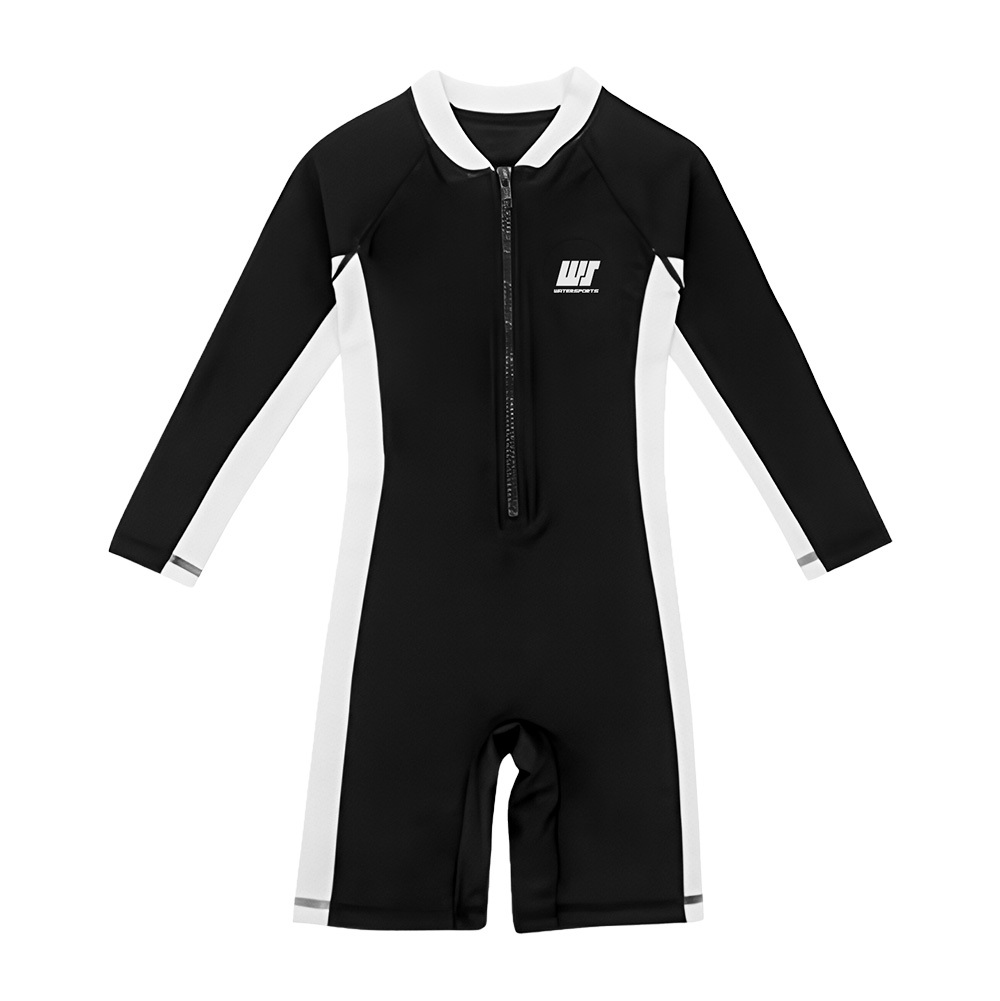 女童經典款長袖連身游泳防曬衣 - 黑/白