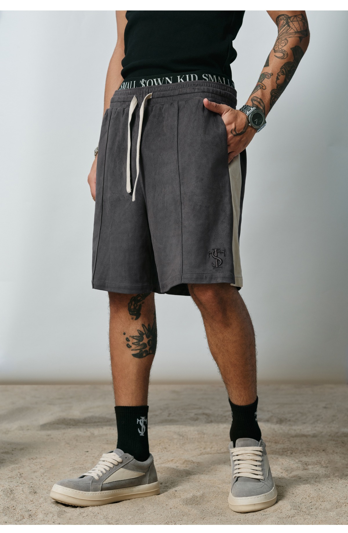 STK SmallTownKid suede panel shorts