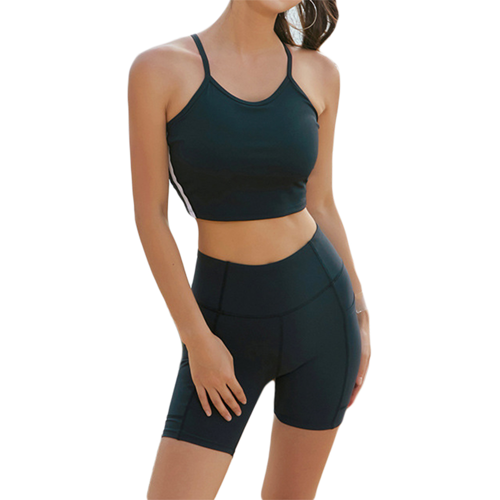 女士幼帶露腰游泳 Bra Top 高腰中平腳泳褲套裝 - 黑