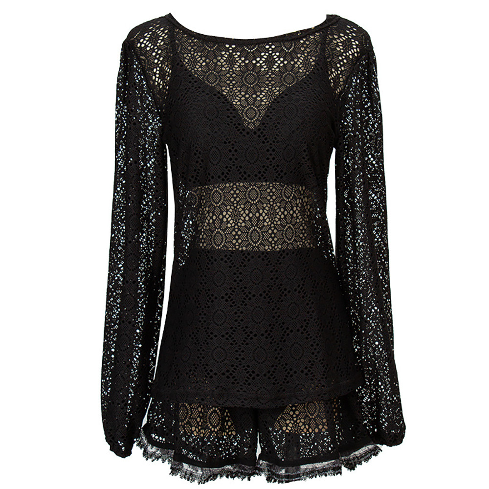 女士透氣外罩上衣及短褲套裝 - 黑