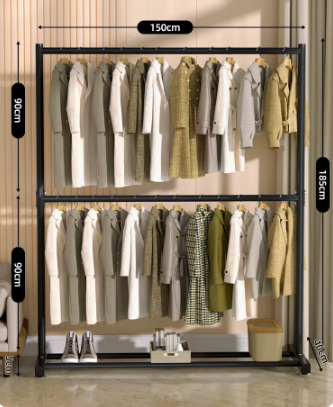New double-layer simple floor-standing clothes hanger (black) (size: length 150 width 40 height 185CM)