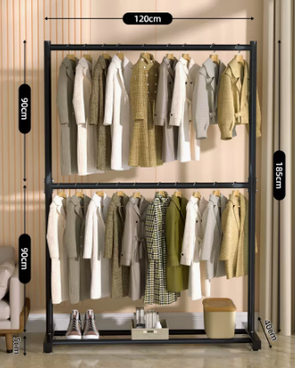New double-layer simple floor-standing clothes hanger (black) (size: length 120 width 40 height 185CM)