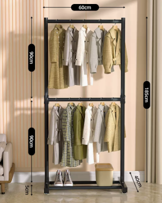 New double-layer simple floor-standing clothes hanger (black) (size: length 60 width 40 height 185CM)