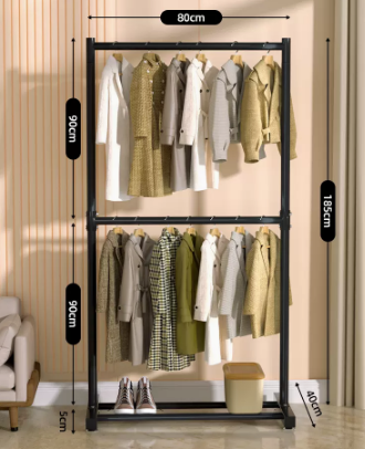 New double-layer simple floor-standing clothes hanger (black) (size: length 80 width 40 height 185CM)
