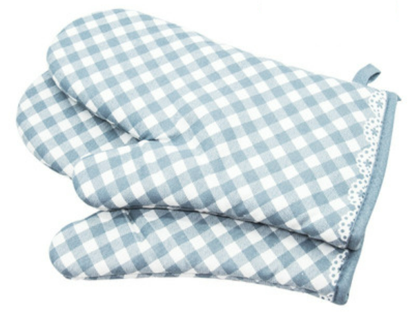 Hot selling 2 pieces of cotton thickened anti-scald gloves (checkered blue) (size: 27CM*16CM)