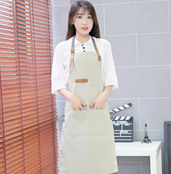 新款奶茶店餐廳烘焙師圍裙（帆布掛脖織帶卡其）