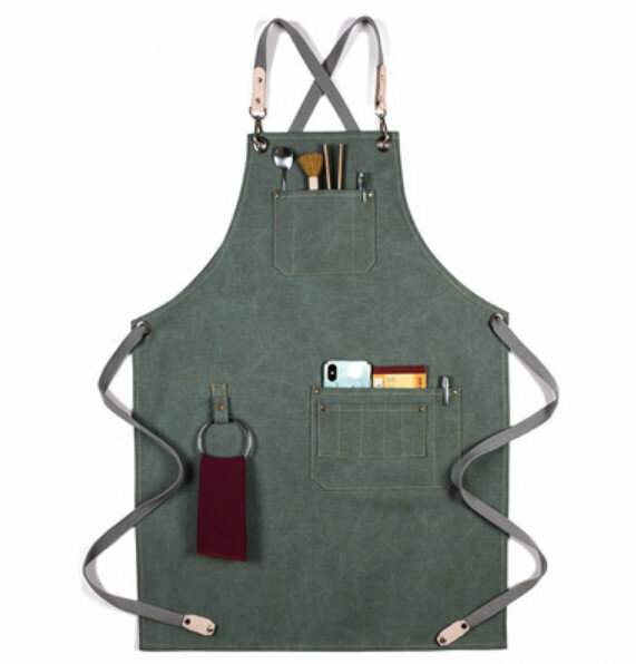 新款奶茶店西餐廳咖啡師圍裙（織帶厚帆布D款-軍綠色）