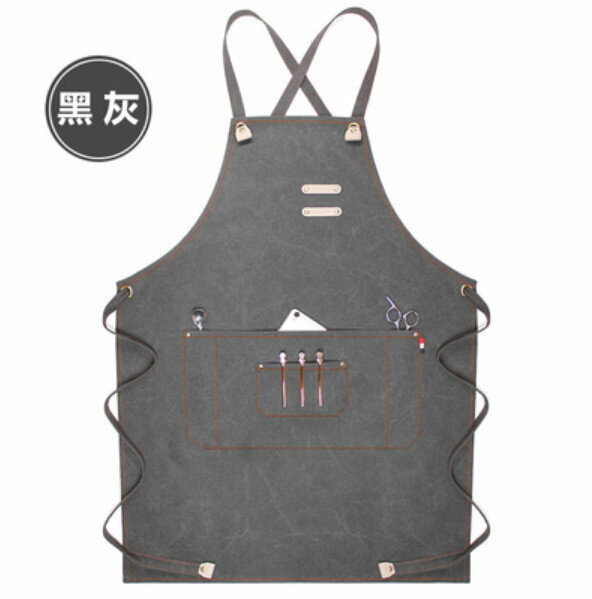 熱賣餐廳花藝師理髮店工作背帶圍裙（本帶子皮頭-黑灰帆布）