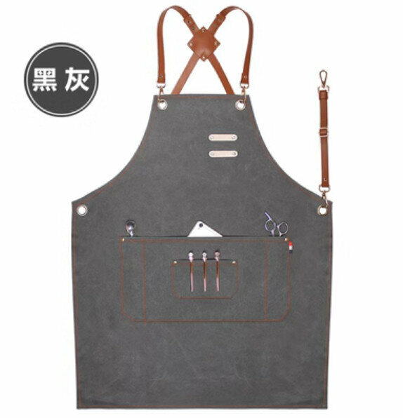 熱賣餐廳花藝師理髮店工作背帶圍裙（本帶子帶鉤皮帶-黑灰色帆布）